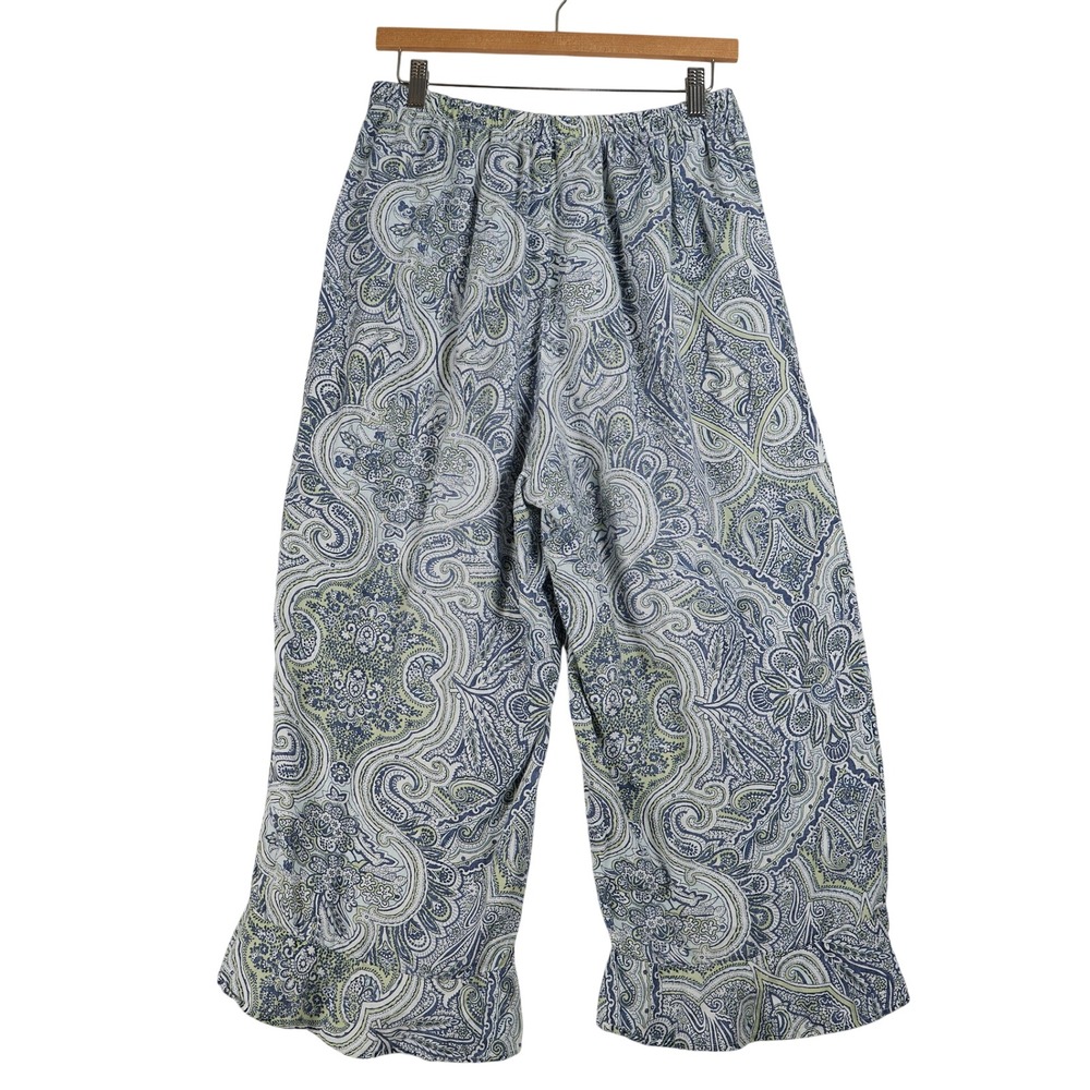 Flax Womens Blue Green Paisley 100% Linen Ruffle Hem Wide Leg Cropped Pants M - Picture 2 of 7
